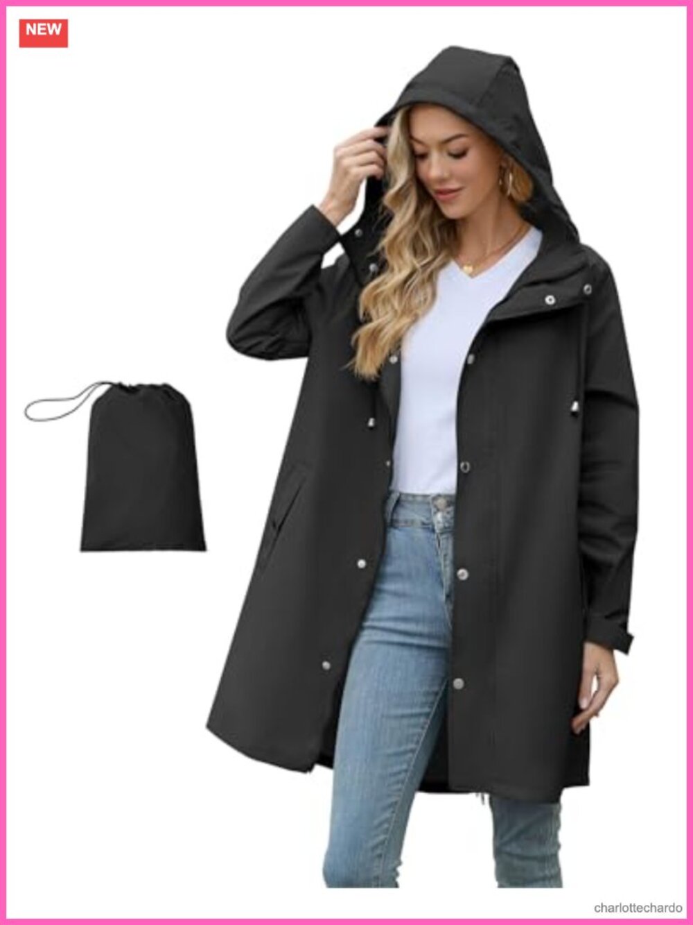 Waterproof Women's Long Hooded Rain Jacket Windbreaker Coat with Packable